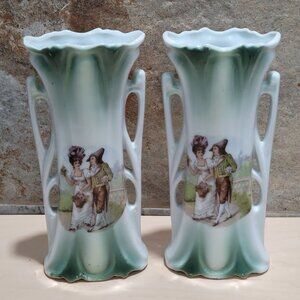 Vintage Pair Vase Flare Ruffled Top Curved Handles Painted Couple